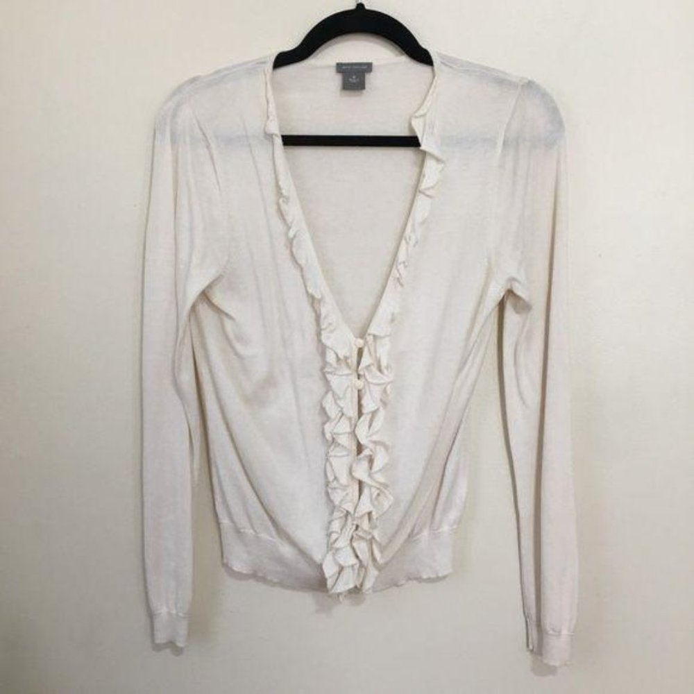 ANN TAYLOR silk ruffle button front cardigan AC10